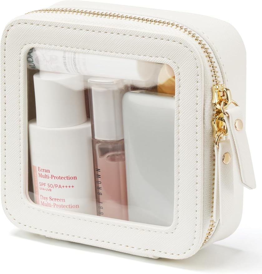 Small Cosmetic Bag for Purse Mini Makeup Bag for School Cute Clear Make Up Pouch for Travel Tiny Leather White Make Up Organizer Case for Backpack Toiletry Bag Waterproof Square Pouch with Zipper by POPVIBE