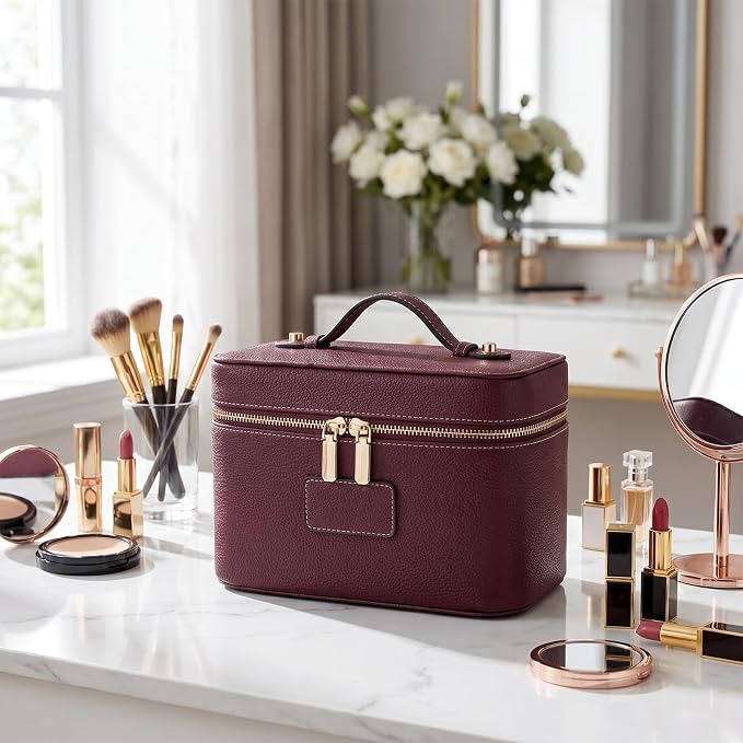 Makeup Case for Women, Leather Makeup Bag Cosmetic Case with Removable Divider, Large Capacity Waterproof Portable Travel Toiletry Make up Organizer Case - Image 3