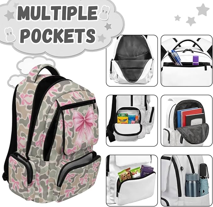 Pink Bow 4 Piece Kids Backpack Set, 17 Inch School Backpack with Lunch Bag, Pencil Case and Water Bottle Holder, Lightweight Multi-Pocket Bookbag for Elementary Middle School - Image 3