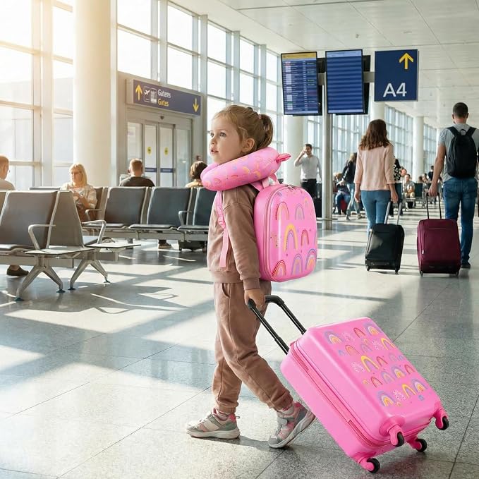 Sanwuta 4 Pcs Kids Luggage Set Back to School Gifts for Girls Boys Carry On Rolling Suitcase Backpack Neck Pillow Travel Set(20 Inch,Rainbow Style,Pink) - Image 5