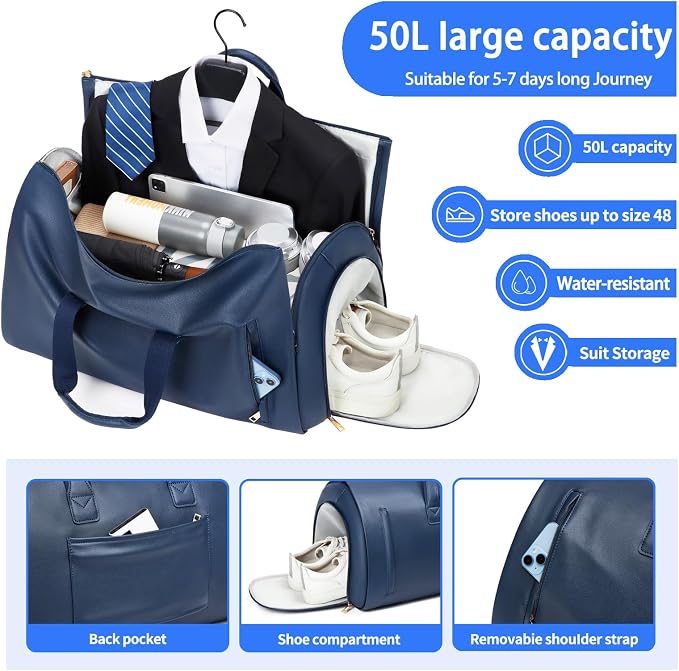Leather Garment Bag，Convertible Garment Duffel Bag for Travel Mens Suit Bag 2 in 1 Waterproof Foldable Carry on Garment bag with Shoulder Strap Weekender Bag with Shoe Pouch - Image 2