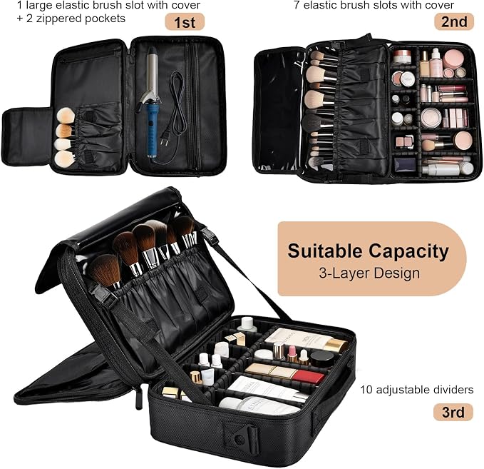 Greenfeather Travel Makeup Bag, Professional Cosmetic Train Case Organizer, Portable Travel Cosmetic Brush Bag Holder Makeup Artist Storage Box with Adjustable Dividers and Shoulder Strap, Black - Image 4