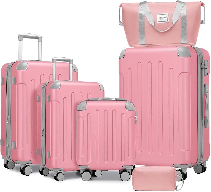 6 Piece Luggage Set Hard Shell - Pink Expandable Suitcases with Spinner Wheels and Duffel Bags for Family Travel, Durable Carry On Luggage Sets with Lock for Women and Girls by Unknown