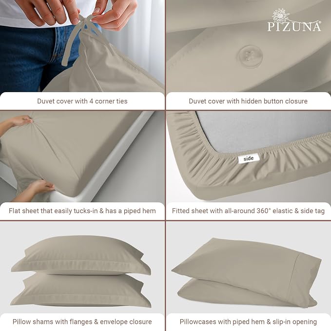 Pizuna Pure 100% Long-Staple Cotton Duvet Cover + Sheet Set Queen, Luxurious 400 Thread Count Long Staple Cotton, Soft Sateen Weave Bedding Set (Simply Taupe) - Image 4
