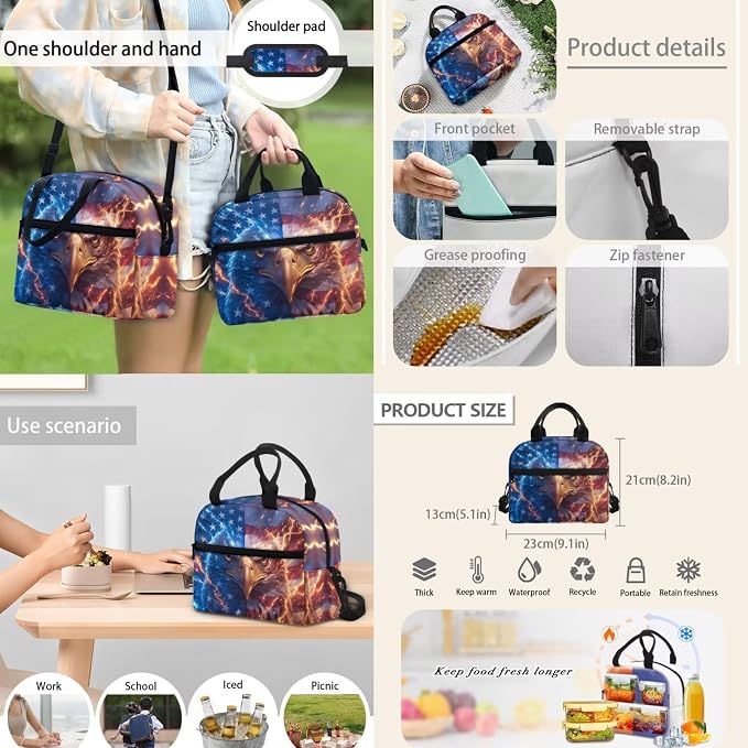 American Flag Eagle Backpack for Boys Kid's School Bag Bookbag with Insulated Lunch Bag and Pen Bag Pencil Case Water Bottle Holder Sling Bag Set - Image 5