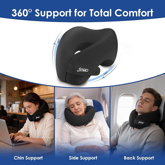 jiaao Travel Pillow Memory Foam Neck Pillow for Airplanes | Adjustable Neck Support | Eye Mask, Earplugs & Storage Box | Flights, Road Trips, Car, Train & Home Use - Image 2