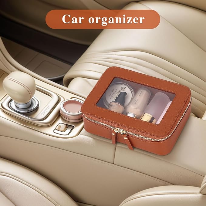 Clear Makeup Bag Women's Waterproof Travel Cosmetic Case and Toiletry Bag Portable Makeup Organizer Bag for Car with Zipper (Brown, M) - Image 5