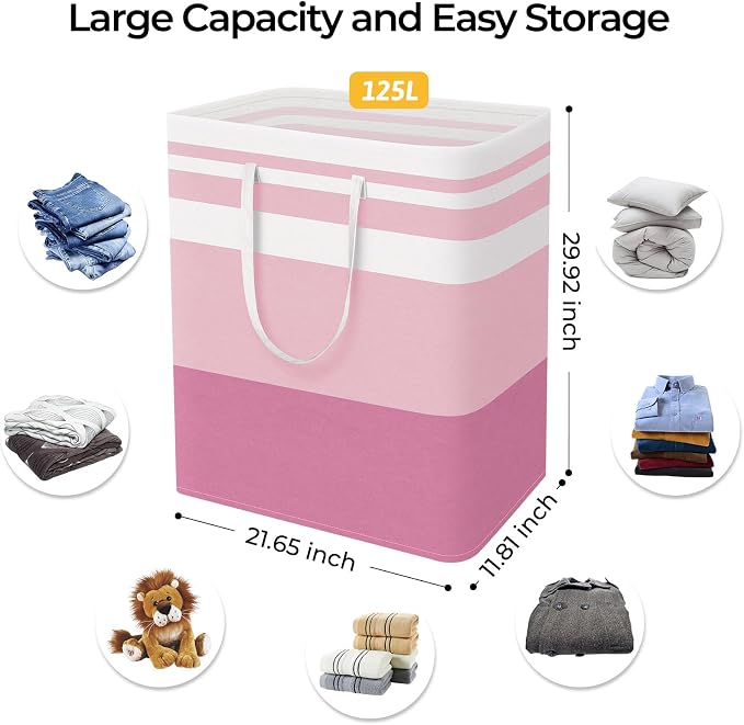 HomeHacks 2 Pack Large Laundry Baskets, Waterproof, Freestanding Laundry Hampers, Collapsible Clothes Hamper with Reinforced Handles in Laundry, College Dorm, Bathroom, Bedroom (Blue+Pink, 125Lx2) - Image 4