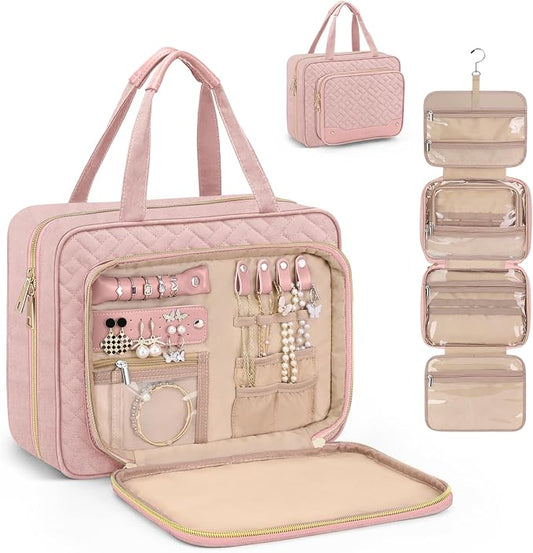 Wedama Toiletry Bag for Women, Hanging Travel Toiletry Bag with Jewelry Organizer Compartment Large Makeup Bag, PVC Waterproof Cosmetic Travel Bag for Travel Business Trips Camping Bathroom, Pink by Wedama