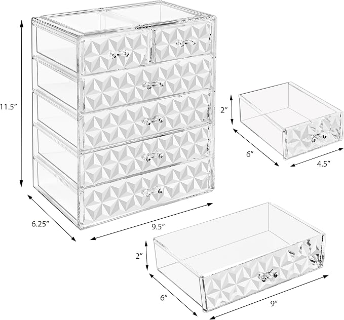 Sorbus Acrylic Makeup Organizer Set, 6-Drawer Vanity & Countertop Cosmetic Storage with Small & Wide Drawers, Diamond Makeup Storage for Brushes, Lipsticks, Jewelry – Holiday Gift for Women & Teens - Image 3
