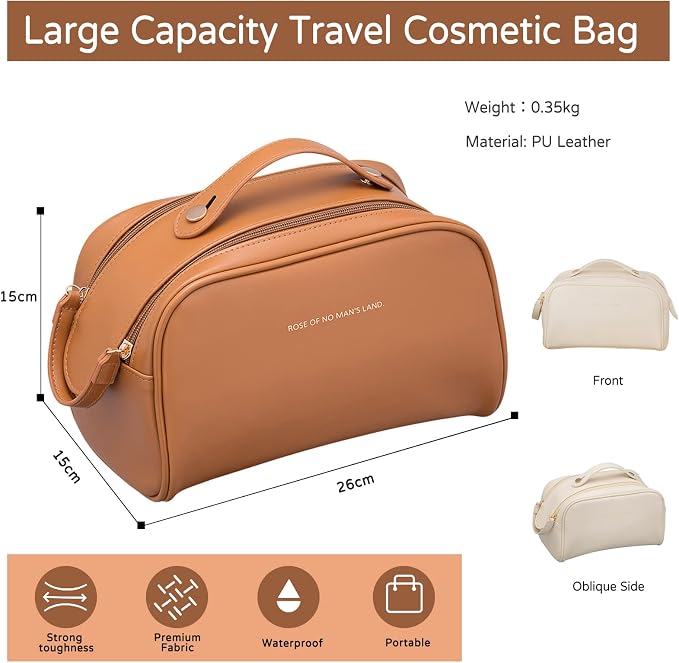 CORIOS Toiletry Bag For Women Portable Make Up Bag Waterproof Wash Bag PU Leather Cosmetic Bag Bathroom Shower Bag Multifunctional Travel Organizer For Shampoo, Cosmetics, Toiletries Brown A - Image 3