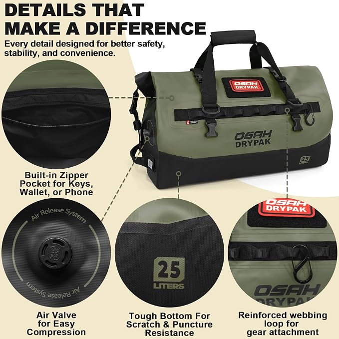 OSAH DRYPAK Waterproof Duffel Bag 25L/40L/60L – Heavy-Duty Motorcycle Tail Bag, Roll-Top Dry Bag for Travel, Camping, Boating, Kayaking, Outdoor Adventure - Image 4