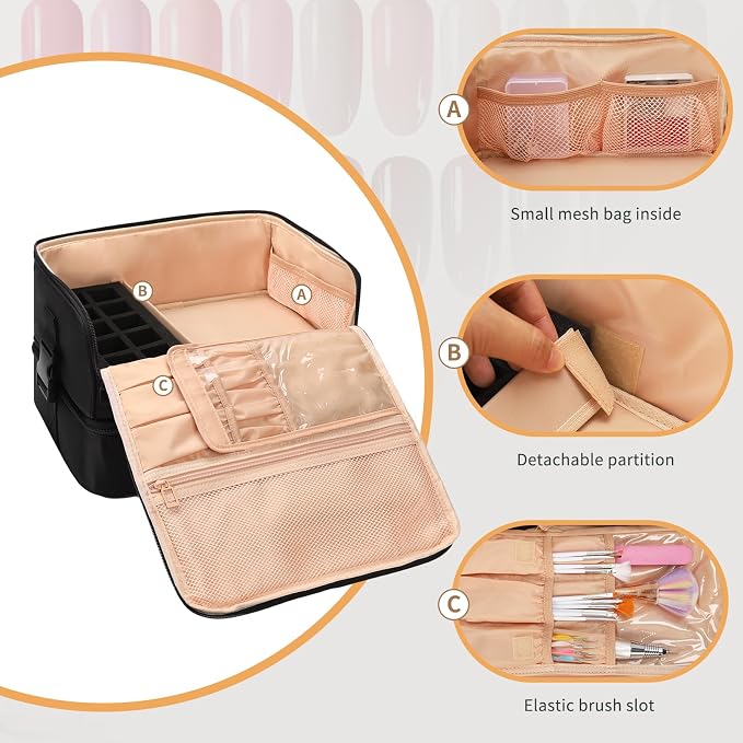 OCHEAL Nail Polish Organizer, Holds Nail Lamp and 45+ Bottles,3 Usage Modes Detachable Nail Storage Bag Travel Nail Tech Case Holds Nail Kit Stuff Manicure Tools -Black - Image 4