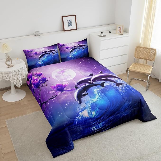Galaxy Dolphin Bedding Set King Coastal Ocean Waves Comforter Set Night Star Moon Cherry Blossoms Comforter for Kids Girls Teens Sea Animal Starry Sky Quilt Duvet Purple Blue Marine Room Decor 3 Pcs - Image 3