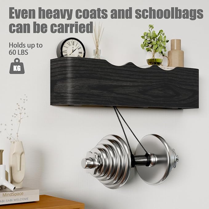 Coat Rack Wall Mount with Shelf 4 Hidden Hooks Modern Wooden Key Holder Entryway Organizer for Hallway Bedroom Bathroom Home Decor Storage for Hanging Coats Hats Bags Towels, Wave-Shape Black - Image 4