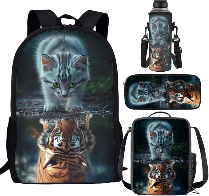 Cat Backpack and Lunch Box Set Girls 5-6/6-7/7-8 Tiger Elementary School Bookbag with Lunch Bag 4 in 1 Student Back Pack Lunchbox Pencil Case Water Bottle Holder Primary Schoolbag by SCRAWLGODDreamWardrobe