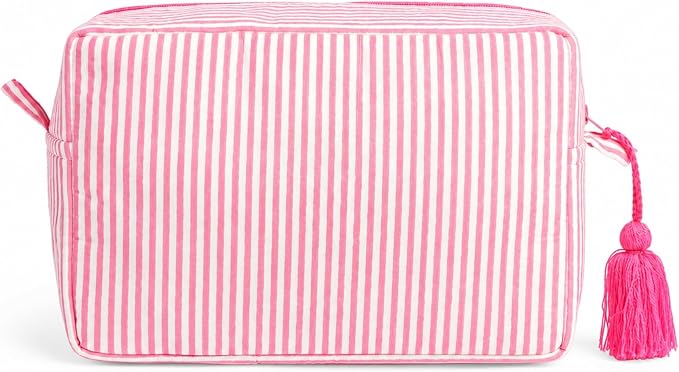 Huar Travel Makeup Bag- Large Capacity Cosmetic Bags for Women - Water Resistance Lining Portable Pouch & Open Toiletry Bag - Perfect Girls Makeup Organizer for Travel Essentials (Pink Stripe) by Huar