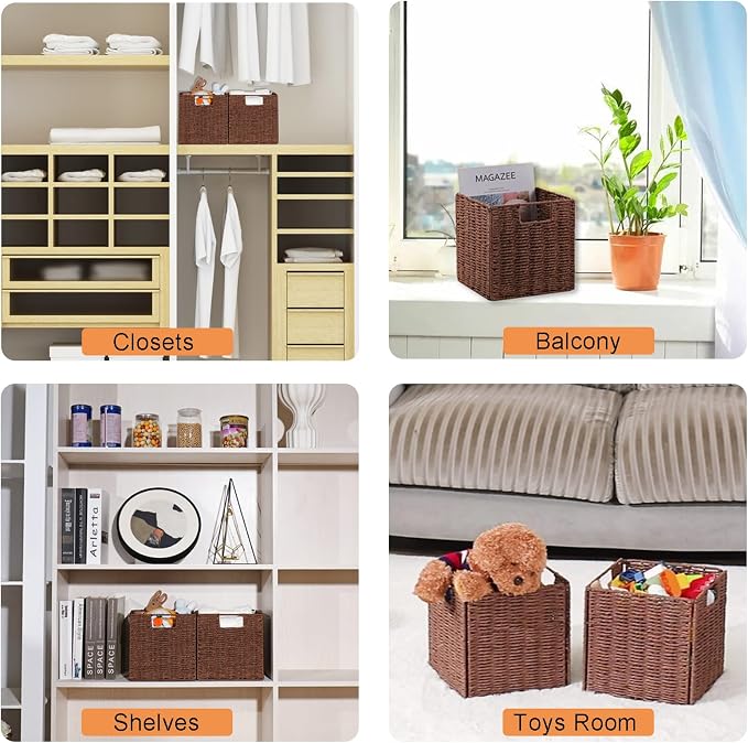 Vagusicc Wicker Storage Basket, Set of 2 Hand-Woven Storage Baskets for Shelves, Foldable Cube Storage Baskets Bins with Handles, 9 inch Small Wicker Baskets for Organizing Pantry Bedroom, Brown - Image 6