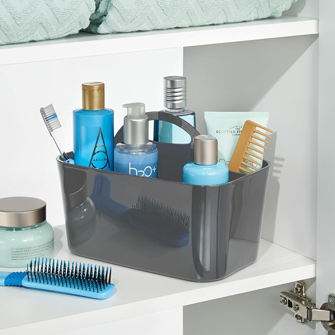 mDesign Small Plastic Shower/Bath Storage Organizer Caddy Tote with Handle for Dorm, Shelf, Cabinet - Hold Soap, Shampoo, Conditioner, Combs, Brushes, Lumiere Collection, Dark Gray - Image 2