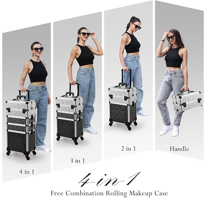 Stagiant Rolling Makeup Train Case Cosmetology Case on Wheels 4 in 1 Large Cosmetic Case with Wheels Makeup Travel Case with Keys Nail Kits Organizer Artist Salon Storage Traveling Cart Trunk Tricolor - Image 2