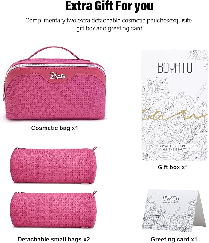 BOYATU Travel Makeup Bag Cosmetic Bags for Women: Large Capacity 3 Pcs Set Make up Bag with Compartments - Waterproof Vegan Leather Toiletry Organizer Bags with Handle (M-73Rose) - Image 5