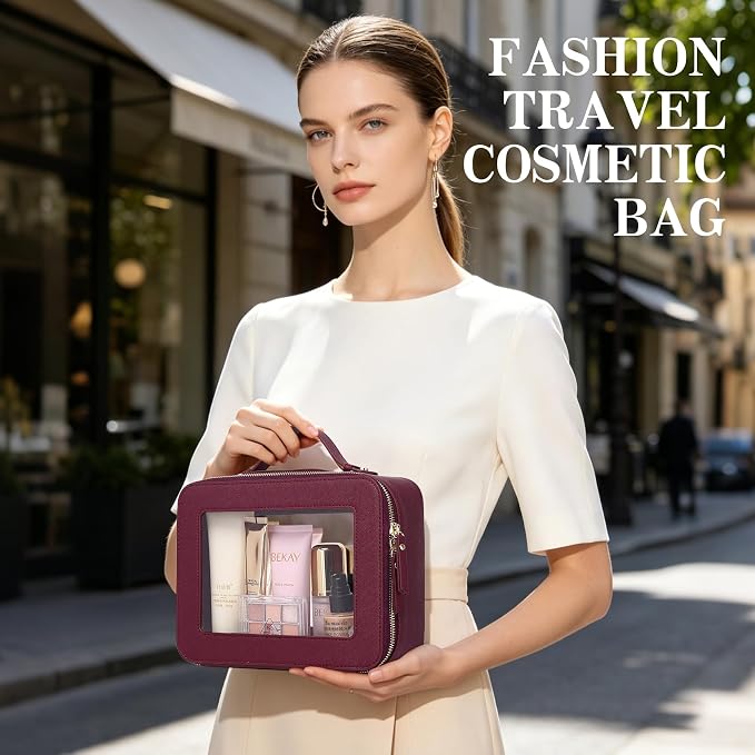 Travel Makeup Set, Burgundy, L+M+SLIM | Waterproof, Transparent Cosmetic Bag, Toiletry Bag, Makeup Brush Case with Zipper, Car Essentials for Women - Image 7