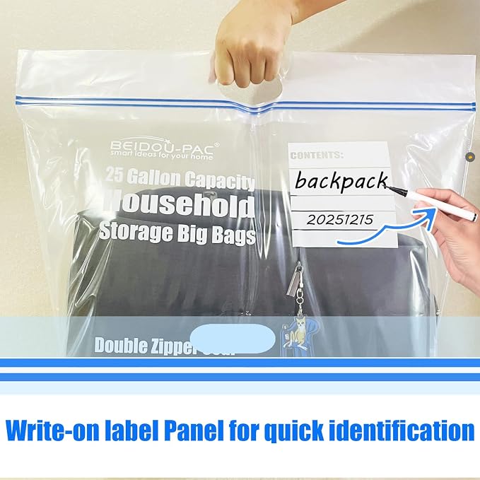 BEIDOU-PAC 25 Gallon Jumbo Storage Bags with Handle, 15 Count | Double Zipper Seal | Expandable Bottom, Resealable Clear zip Bags for Home, Travel, Moving, Commercial and Outdoor - Image 5
