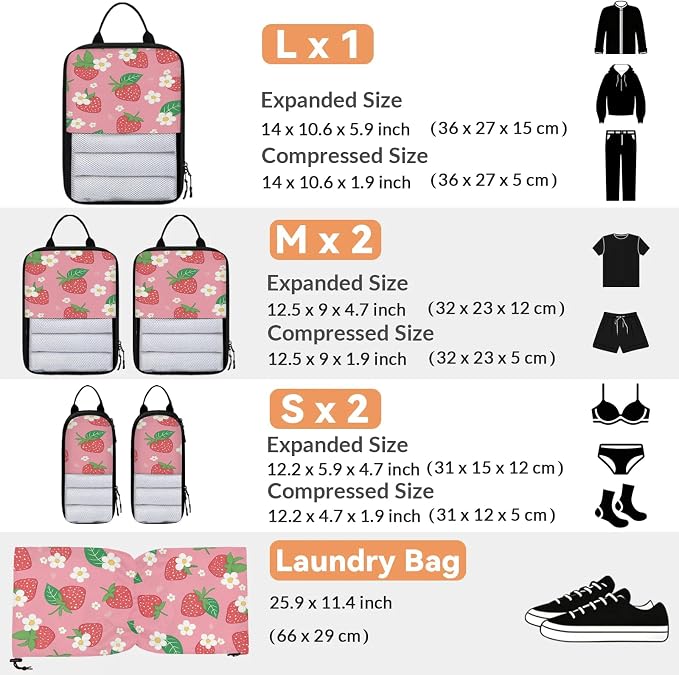 Strawberry Flower 6 Set Compression Packing Cubes for Travel Luggage Carry On Suitcase Compressible Expandable Packing Cubes Organizers Bag - Image 2