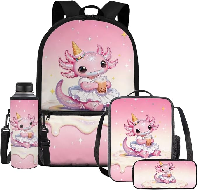 Axolotl Back to School Backpack Set for Girls, 17'' 4-Piece Cute Bookbag with Insulated Lunch Bag, Ice Cream Boba Tea Pencil Case, Lightweight School Bag for Kids Age 6-12 by Dremagia