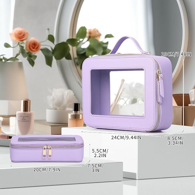 Pinkmik Clear Makeup Bag with Brush Bag 2pcs Waterproof Travel Case for Cosmetics and Toiletries Women's Cosmetic Organizer with Zipper (X/Purple, L+SLIM) - Image 3