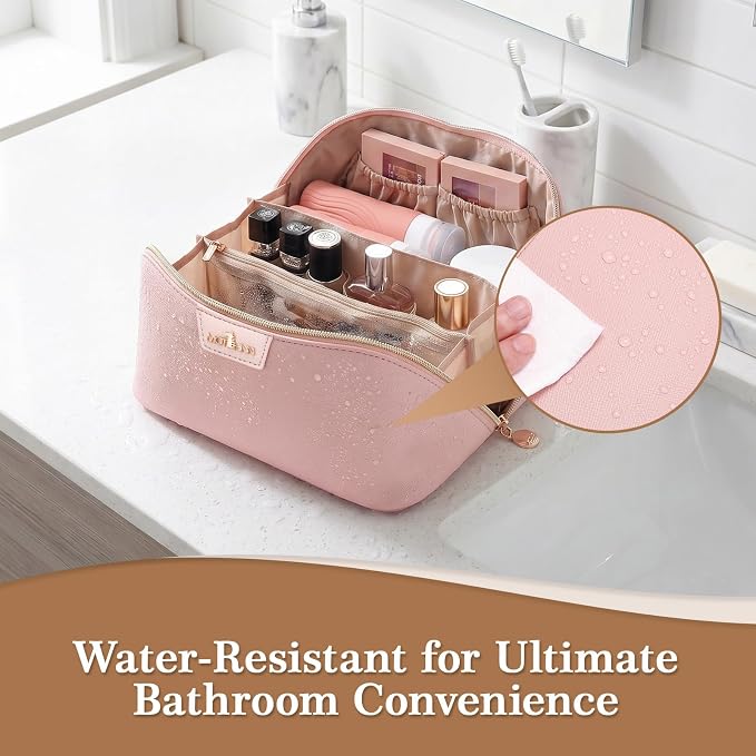 Travel Makeup Bag for Women: 3-in-1 Large Capacity Cosmetics Organizer with 2 Detachable Pouch - Vegan Leather Flat Open Toiletry Bag - Portable Travel Essentials for Full-Sized Bottles(Pink) - Image 6