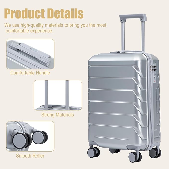 20 Inch ABS Hard Shell Travel Checked Luggage With Combination Lock, Sliver - Image 5
