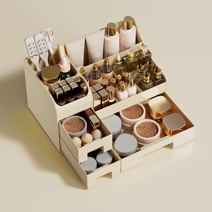 Makeup Organizer with Drawers,Large Cosmetic Storage Box,Countertop Skincare Organizer,ABS Makeup Brush Holder for Bathroom,Desk,Dresser,Multifunctional Beauty Display Case,Cream - Image 6