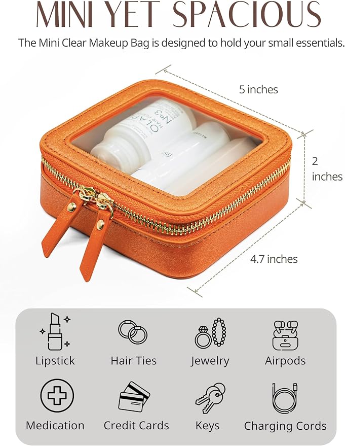 Popvibe Clear Makeup Bag with Zipper Small Travel Cosmetic Case Orange Mini Pouch for Purse Accessories Car Storgae Essentials Bag Purse Pouch Organizer Compact Small Clear Toiletry Bag for Traveling - Image 6