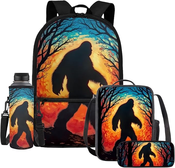 Bigfoot School Bag Boys Age 8-12 Cryptid Backpack Kids Back to School Supplies, 4-in-1 Set, with Lunch Box and Pencil Case, Lightweight Waterproof Bookbag, Adjustable by Dremagia