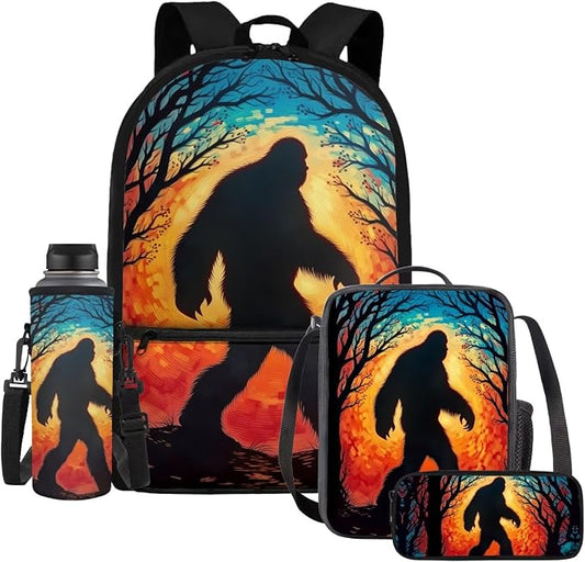 Bigfoot School Bag Boys Age 8-12 Cryptid Backpack Kids Back to School Supplies, 4-in-1 Set, with Lunch Box and Pencil Case, Lightweight Waterproof Bookbag, Adjustable by Dremagia