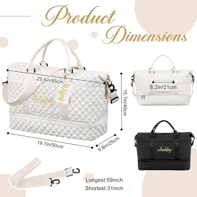 Dansydaisy 4 Pcs Duffel Bag Set Include 2 Honeymoon Travel Bags with Shoe Compartment and 2 Luggage Tags(19.7 x 9.8 x 15.7 Inches,Hubby and Wifey,Black,White) - Image 2