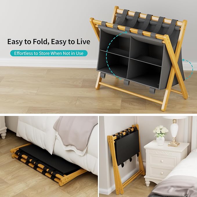Folding Luggage Rack, 2-Pack Natural Bamboo Suitcase Stands with 4 Storage Compartments , Sturdy Luggage Holders for Guest Room, Bedroom, Hotel - Image 7