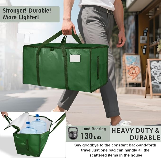 6 Pack-Extra Large Heavy Duty Moving Bags - Waterproof Storage Totes with Handles & Zippers, Foldable for College Dorm, Storage (olive green) - Image 3