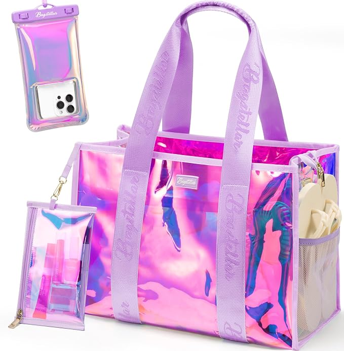 Bagstellar Iridescent Beach Bag, Jelly Tote Bag with Phone Pouch Makeup Bag | Large Beach Bags Waterproof Sandproof, Zipper Beach Tote Clear Pool Swim Boat Bag for Women Summer Travel Cruise Essentials by Bagstellar