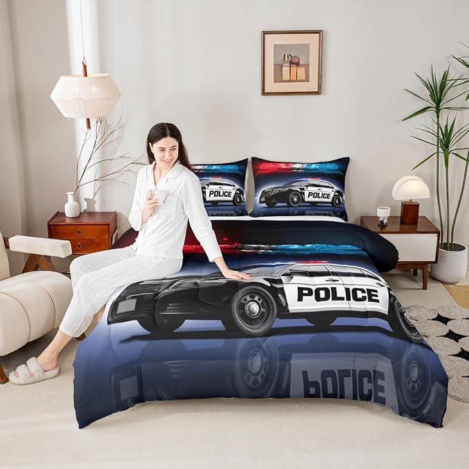Erosebridal Police Car Comforter Sets King Size,Policeman Vehicle Bedding Set for Kids Boys Children,Red Blue Cop Lights Down Comforter Geometric Graphics Duvet Sets Bedroom Decor with 2 Pillow Cases - Image 3