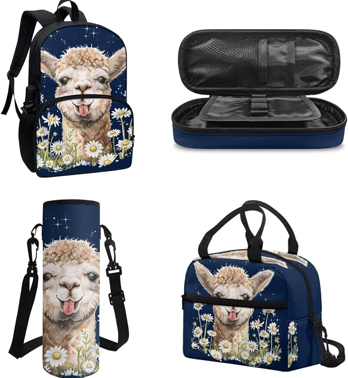POLERO Girls Alpaca Backpack Lightweight Kids School Bookbags with Lunch Box, Pencil Case and Water Bottle Holder 4Pcs Schoolbags Set - Image 2