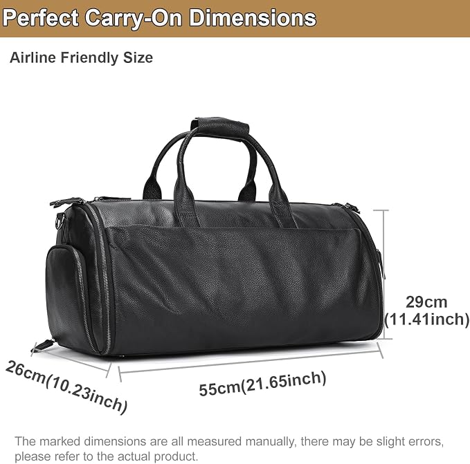 Genuine Leather Travel Duffel Bag for Men, Convertible Carry-On Luggage Hanging Garment Bag for Business & Gym, Large Capacity Weekender Bag with Multiple Pockets (Black) - Image 2