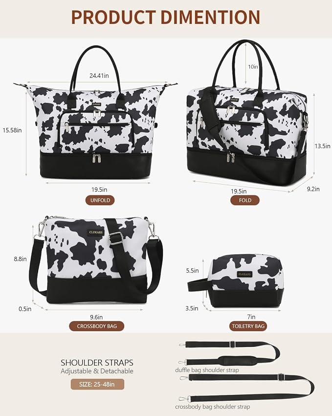 Weekender Bags for Women, Travel Duffle Bag Carry On Overnight Bag with Cosmetics Bag and Crossbody Purse for Gym Hospital, Gifts for Women, Cow Print Black - Image 3