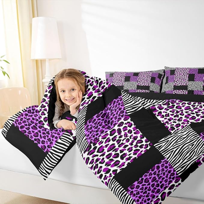 Erosebridal Purple Leopard Bedding Set Patchwork Cheetah Print Comforter Sets King Size for Girls Teens Adults Women Bedroom Black Zebra Pattern Duvet Sets Animal Skin Down Comforter 2 Piece - Image 6