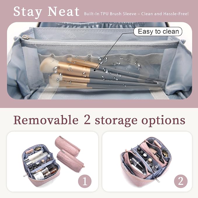 BOYATU Travel Makeup Bag Cosmetic Bags for Women: 3 Pcs Set Large Capacity Make up Bag with Handle - Crocodile Pattern Vegan Leather Toiletry Bags Travel Essentials with Compartments((E-4-Pink) - Image 4