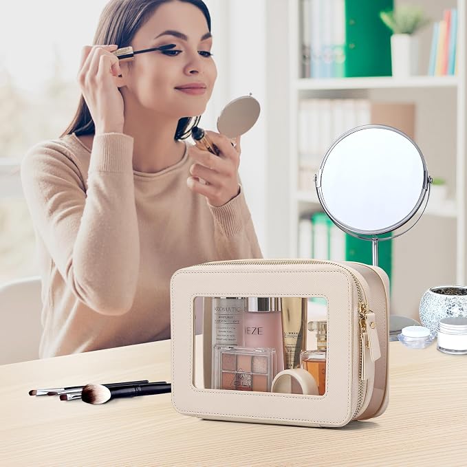 Pinkmik Clear Makeup Bag with Brush Case Travel Toiletry Bag Waterproof Cosmetic Organizer Car Essentials for Women (Beige, M+SLIM-1) - Image 3