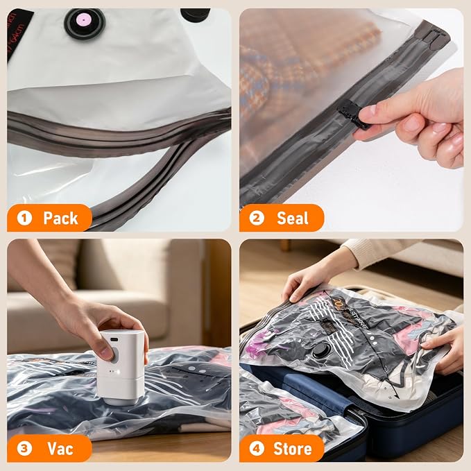 15 Pack Vacuum Storage Bags With Wireless Rechargeable Pump, Waterproof & Dustproof Vacuum Bags, Travel-friendly Size fits 20/24/28 Inch Suitcase, Seasonal Storage Space Saver for Clothes,Blankets - Image 7