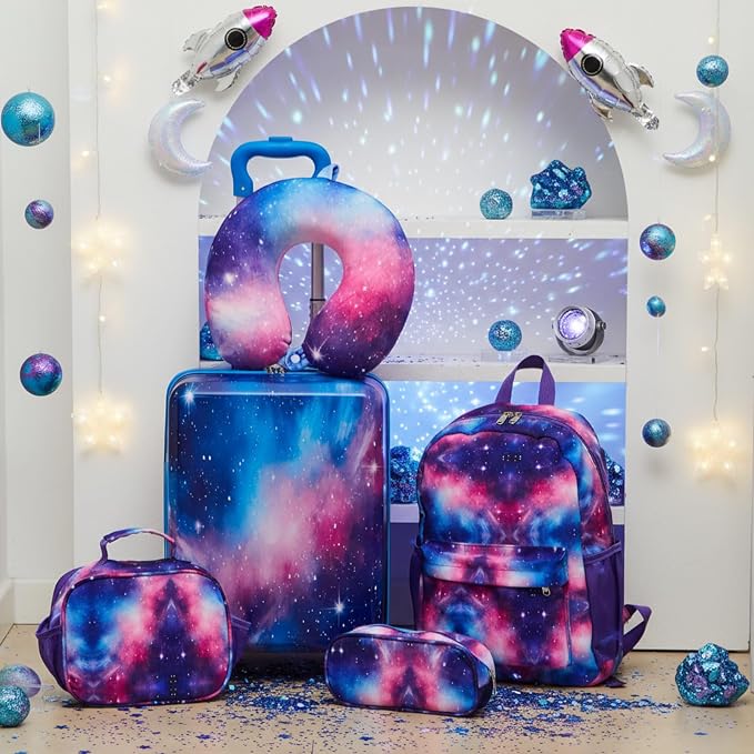 Redbaker 6 Pcs Kids Luggage Set, 17 Inch Rolling Suitcase with Backpack Lunch Bag Neck Pillow, Starry Sky Travel Set for Summer Vacation Sleepover Back to School Gift - Image 7