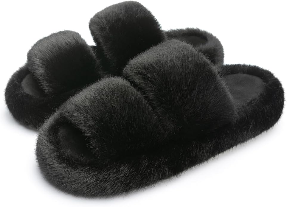 Chantomoo Women's Memory Foam Fuzzy Comfy Faux Fur House Shoes - Furry Bedroom Indoor Open Toe Slippers with Two Bands - Trendy Gift Slippers